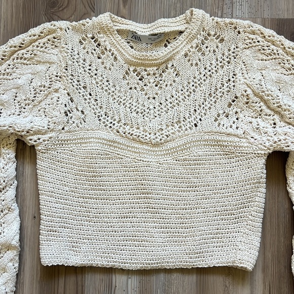 Zara Pointelle Knit Sweater Open Knit Crochet Cropped Sweater Cream Ecru NWOT - Picture 8 of 16